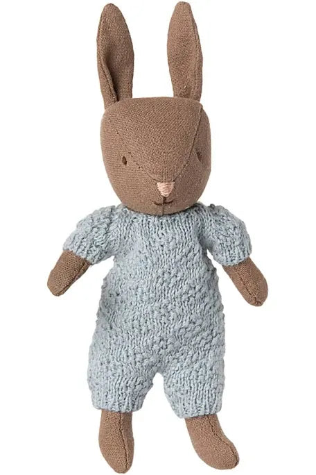 Maileg Rabbit, Micro - Brown - Blue Knitted Suit  MBB