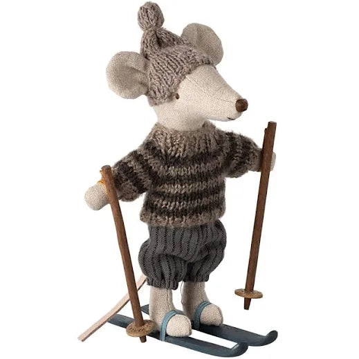 Maileg Winter Mouse Big Brother, with Ski Set - Grey